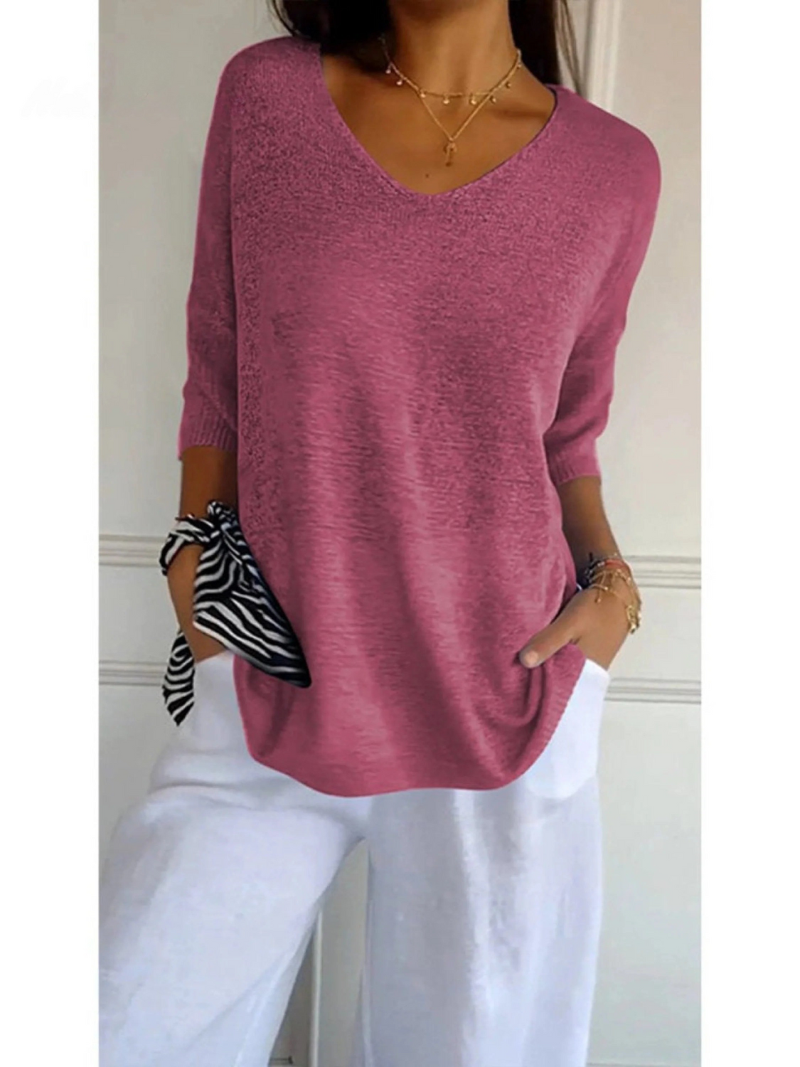 Women's V-Neck Knitted Top UK – 3/4 Sleeve Lightweight | The Delia | Huna