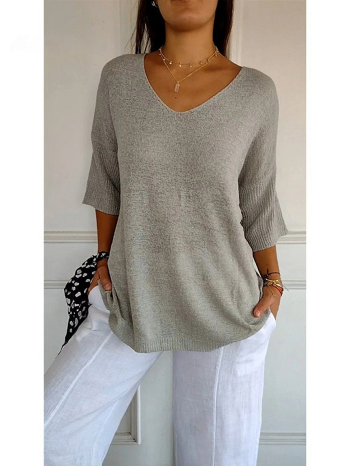 Women's V-Neck Knitted Top UK – 3/4 Sleeve Lightweight | The Delia | Huna