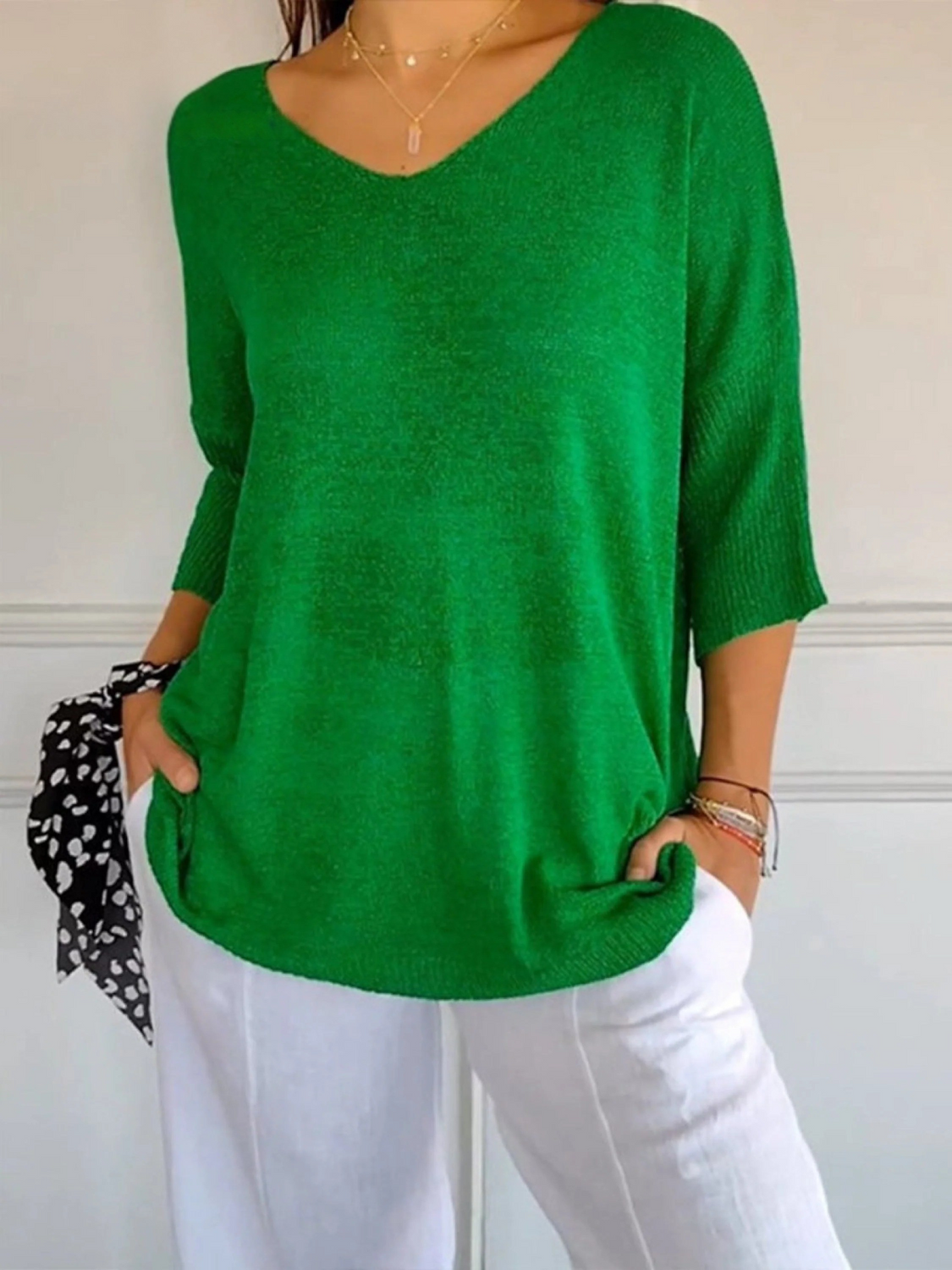 Women's V-Neck Knitted Top UK – 3/4 Sleeve Lightweight | The Delia | Huna