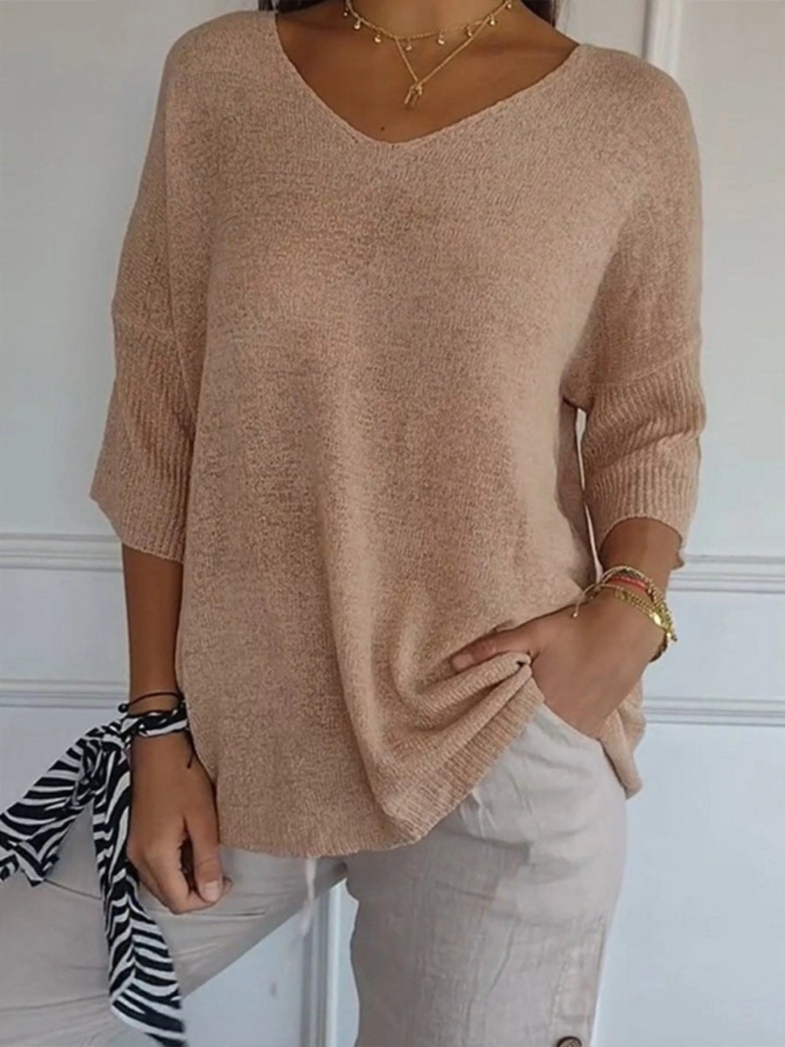 Women's V-Neck Knitted Top UK – 3/4 Sleeve Lightweight | The Delia | Huna