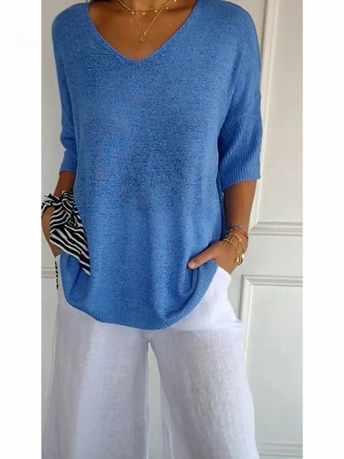 Women's V-Neck Knitted Top UK – 3/4 Sleeve Lightweight | The Delia | Huna