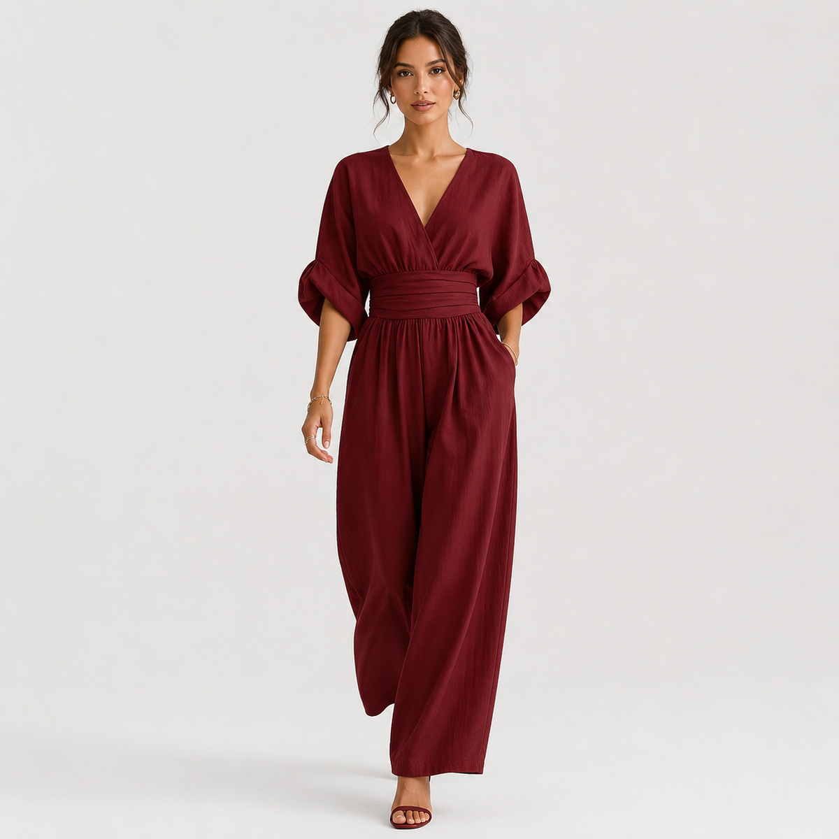 Women's Wide Leg Jumpsuit Elegant V Neck One Piece Outfit 0