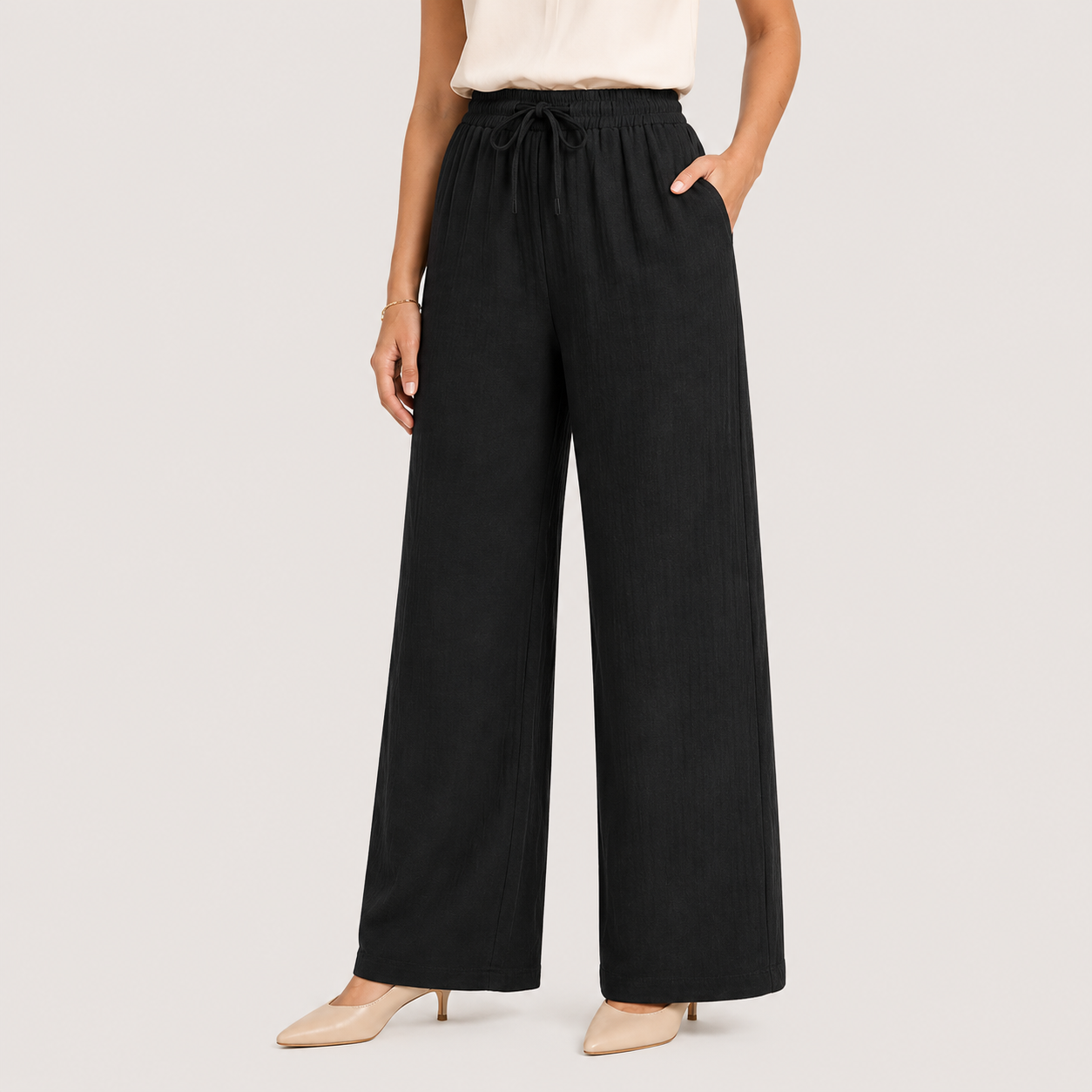 Women's Wide Leg Pants Elastic Waist and Linen Look 6