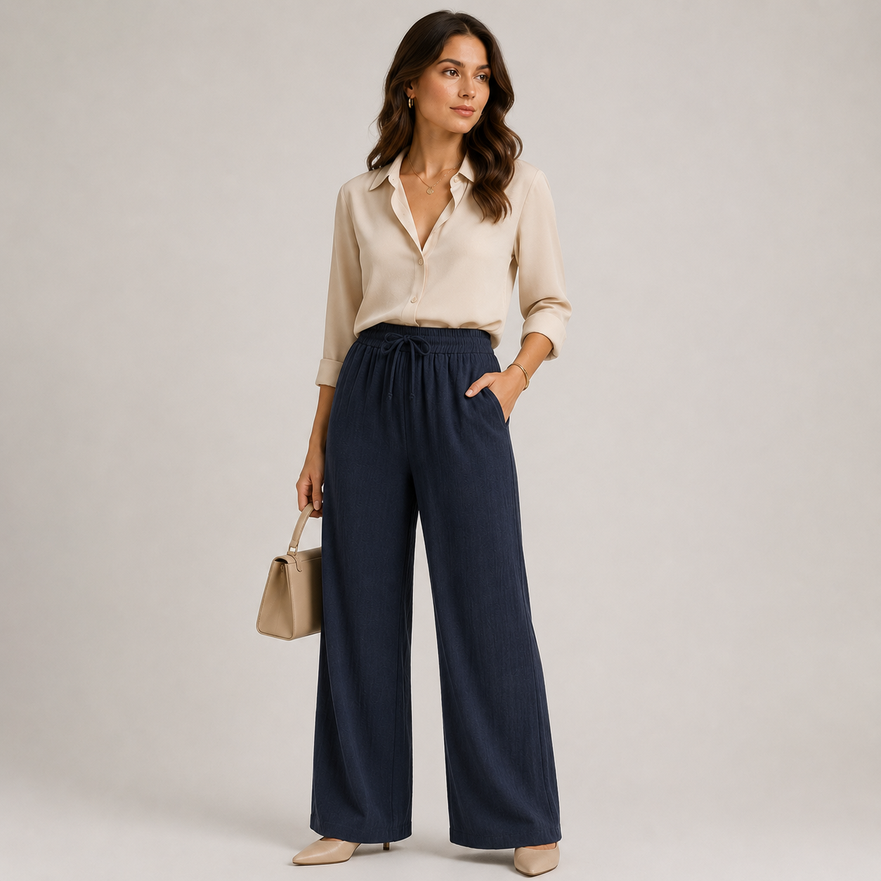 Women's Wide Leg Pants Elastic Waist and Linen Look 7