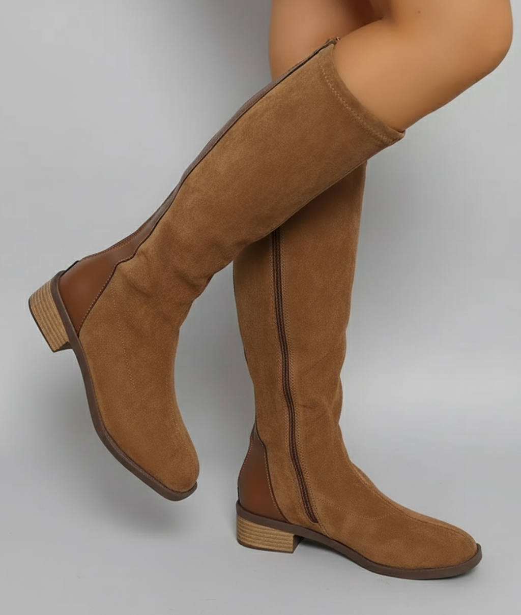 Women's Suede-Look Knee-High Boots – classic block heel, view 1 | The Lysandra | Huna