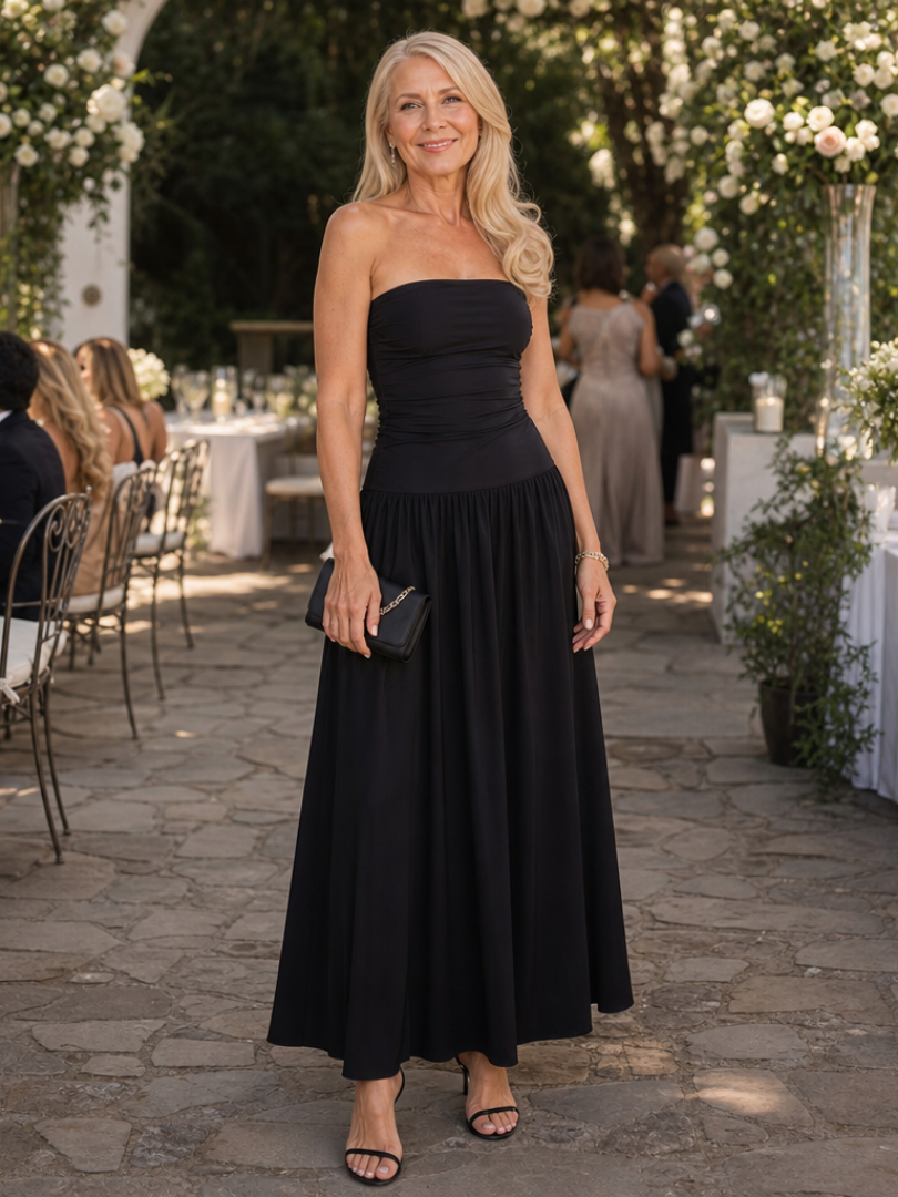 The Zelene – Women's Strapless Wedding Guest Midi Dress | Huna