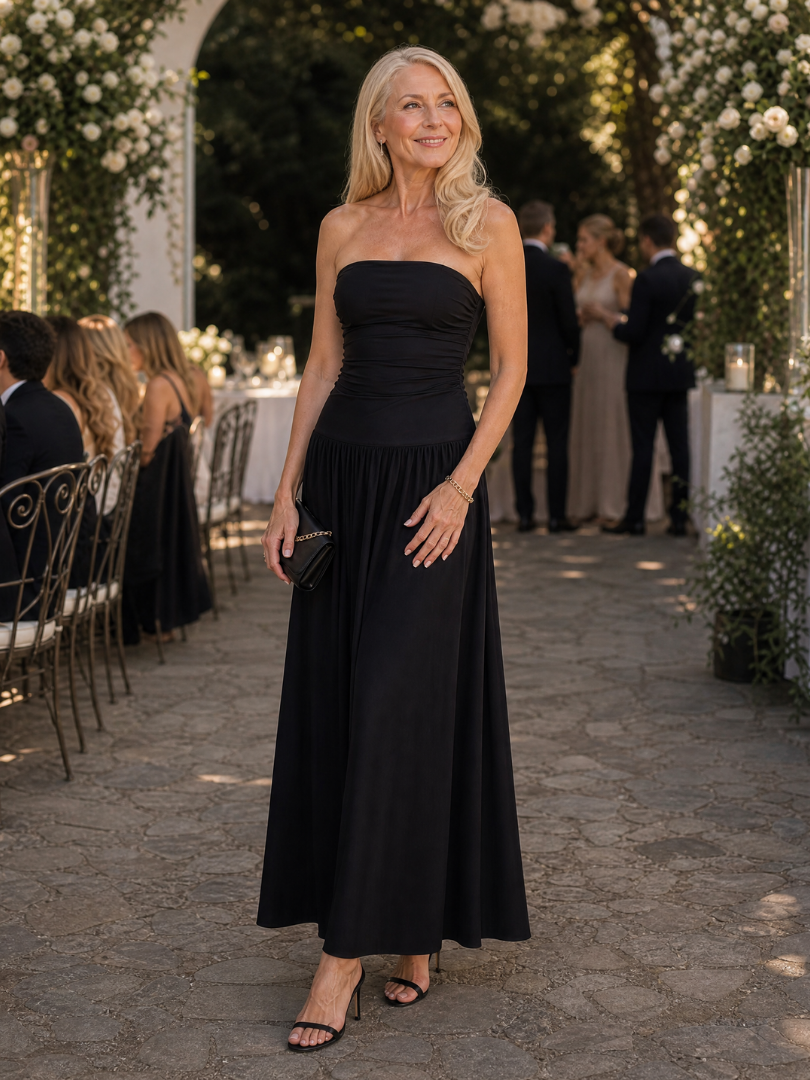 The Zelene – Women's Strapless Wedding Guest Midi Dress | Huna