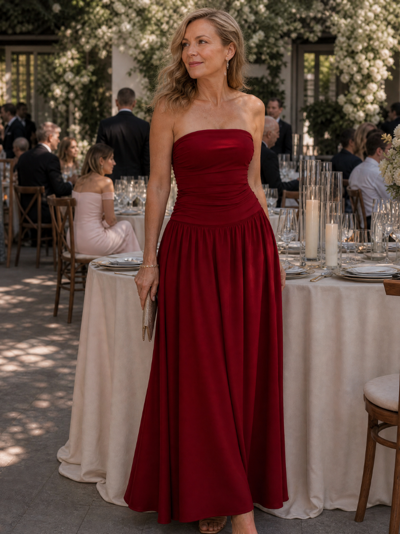 The Zelene – Women's Strapless Wedding Guest Midi Dress | Huna