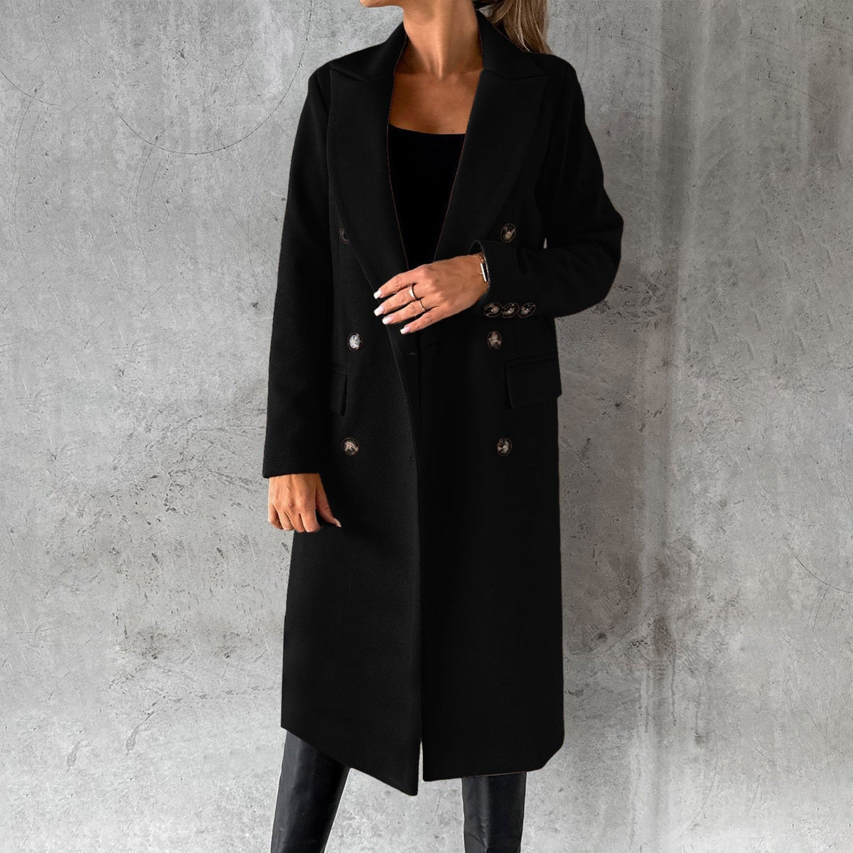 Women's Double-Breasted Long Coat UK – considered longline shape, view 7