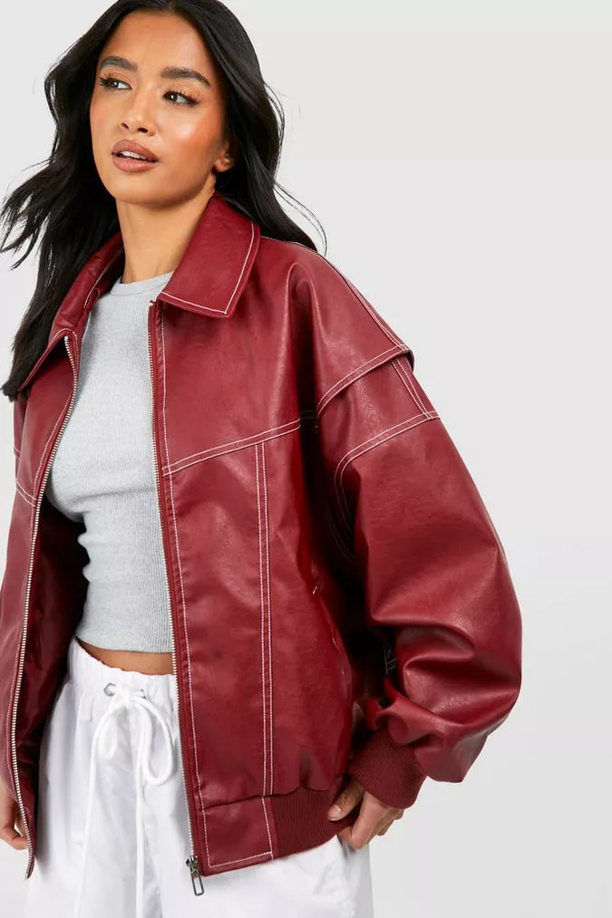 Women's Red Leather Bomber Jacket in red – The Orlena side view 1