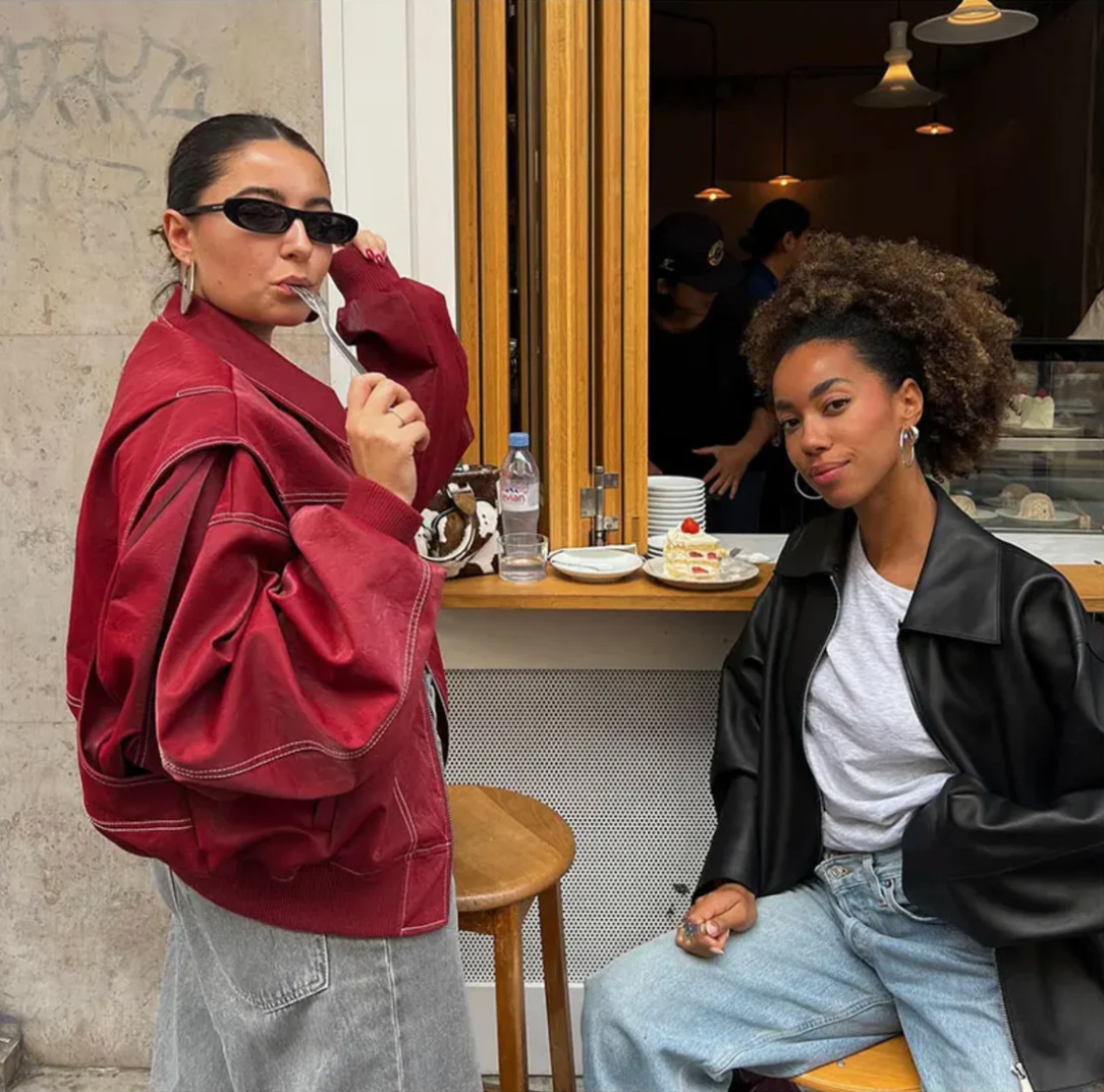 Women's Red Leather Bomber Jacket in red – The Orlena back view 1