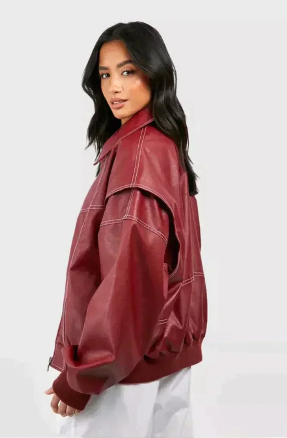 Women's Red Leather Bomber Jacket in red – The Orlena styled view 1
