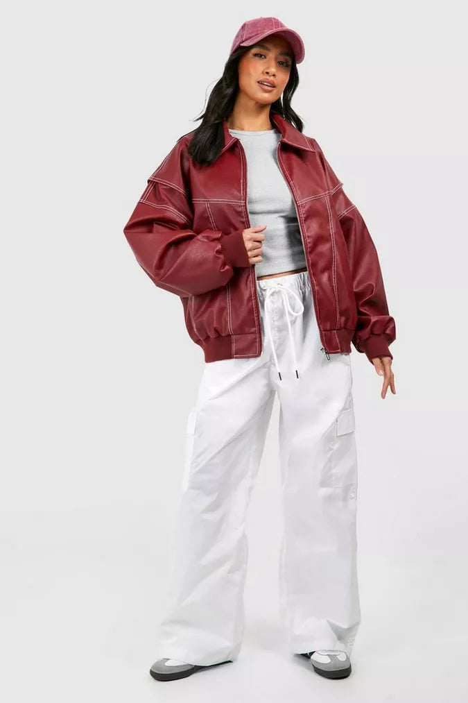 Women's Red Leather Bomber Jacket in red – The Orlena close-up 1