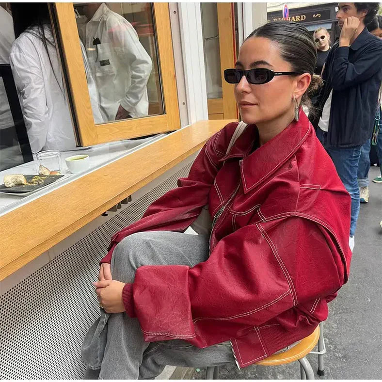 Women's Red Leather Bomber Jacket in red – The Orlena detail view 2