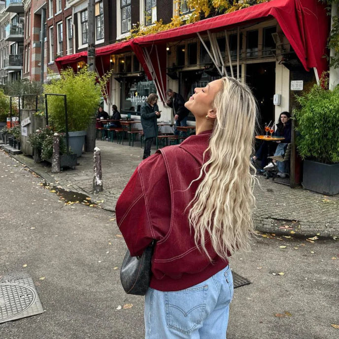 Women's Red Leather Bomber Jacket in red – The Orlena back view 2