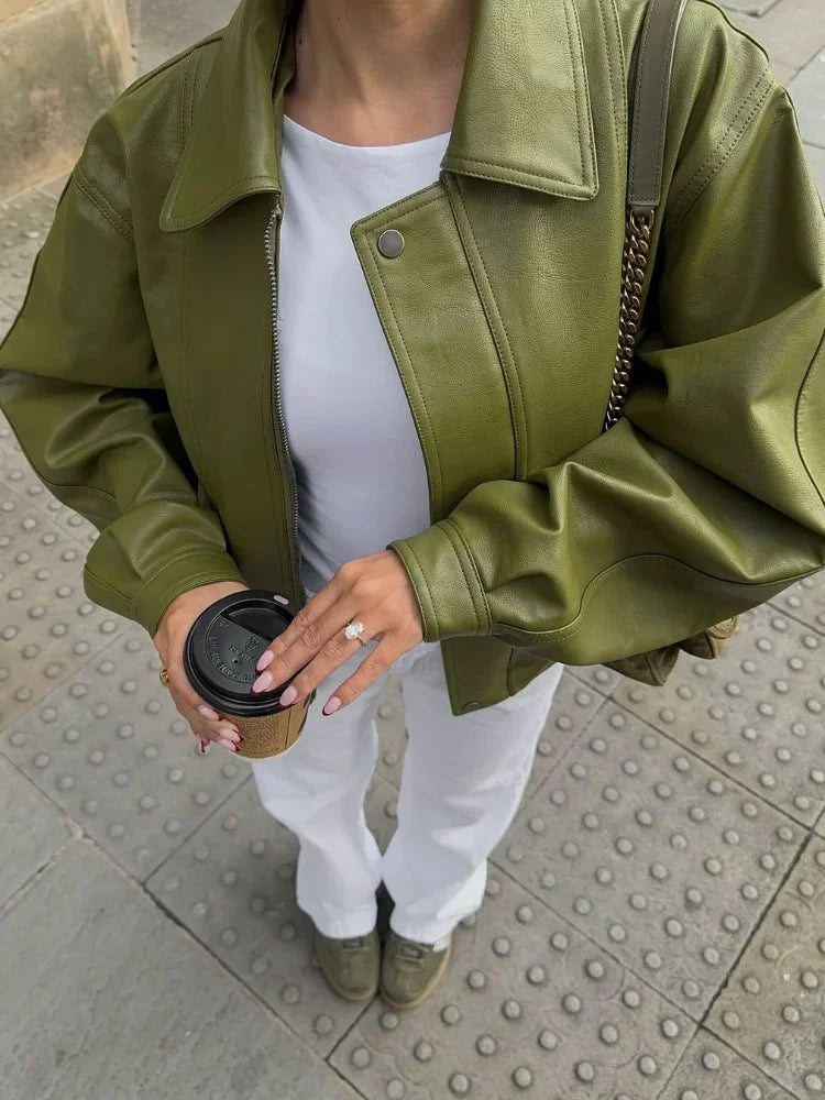 Women's Green Leather Bomber in green – The Evarenne front view 1