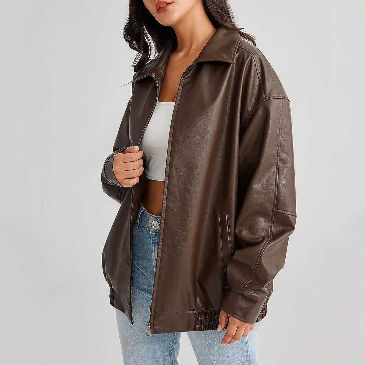 Women's Brown Leather Bomber in brown – The Coraline back view 1