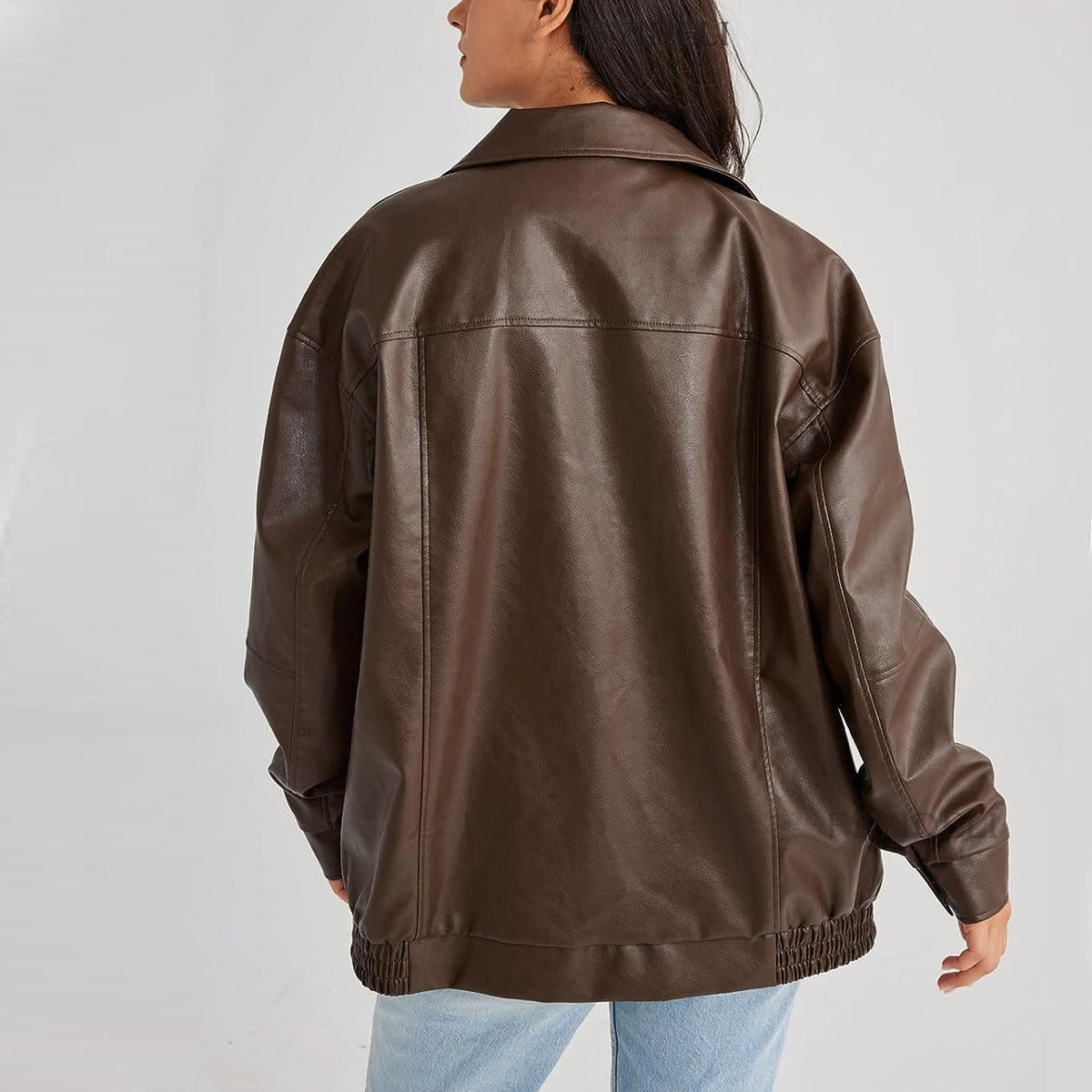 Women's Brown Leather Bomber in brown – The Coraline styled view 1