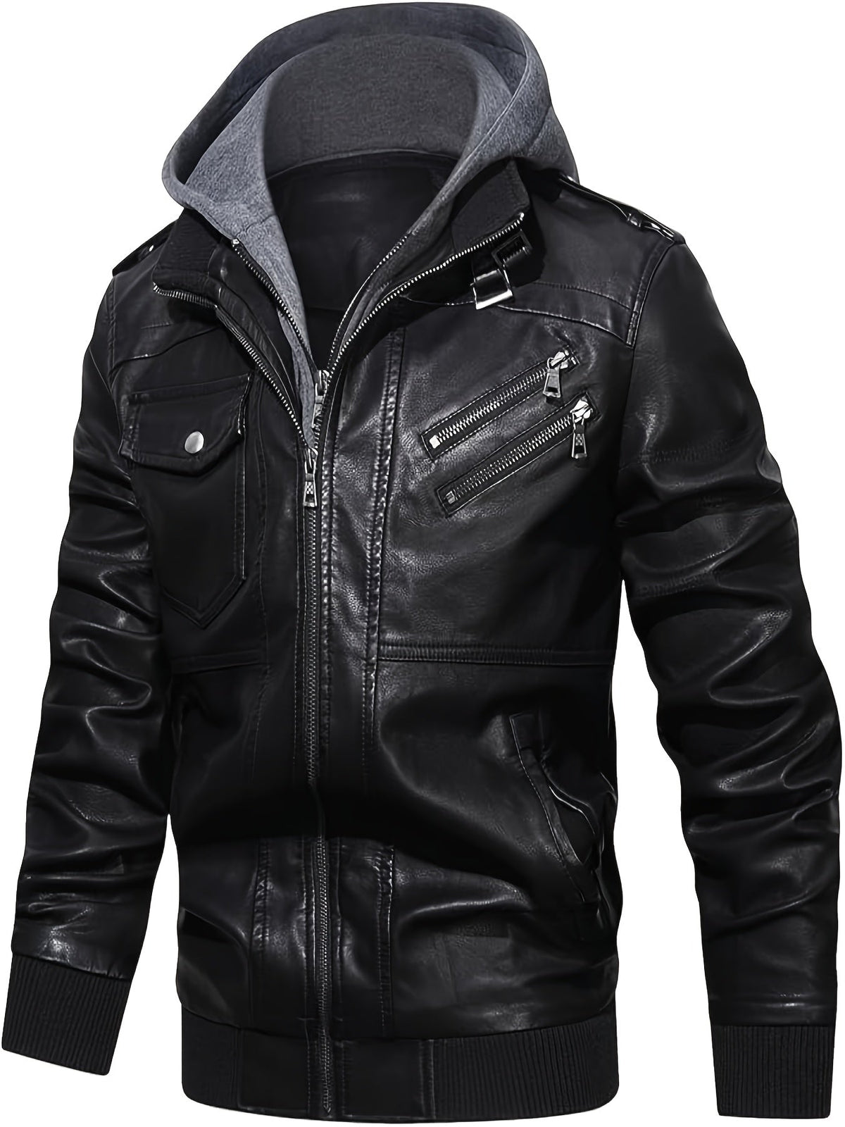 Men's hooded pu leather moto jacket – The Winston by Huna – view 4