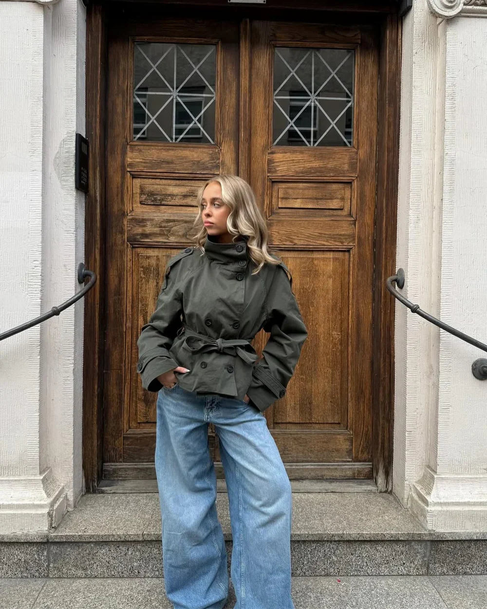 Women's High Neck Trench Coat UK – belted wind-ready style, view 12