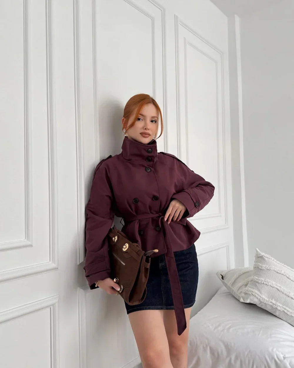 Women's High Neck Trench Coat UK – belted wind-ready style, view 5