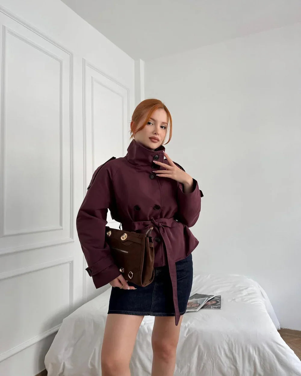 Women's High Neck Trench Coat UK – belted wind-ready style, view 7