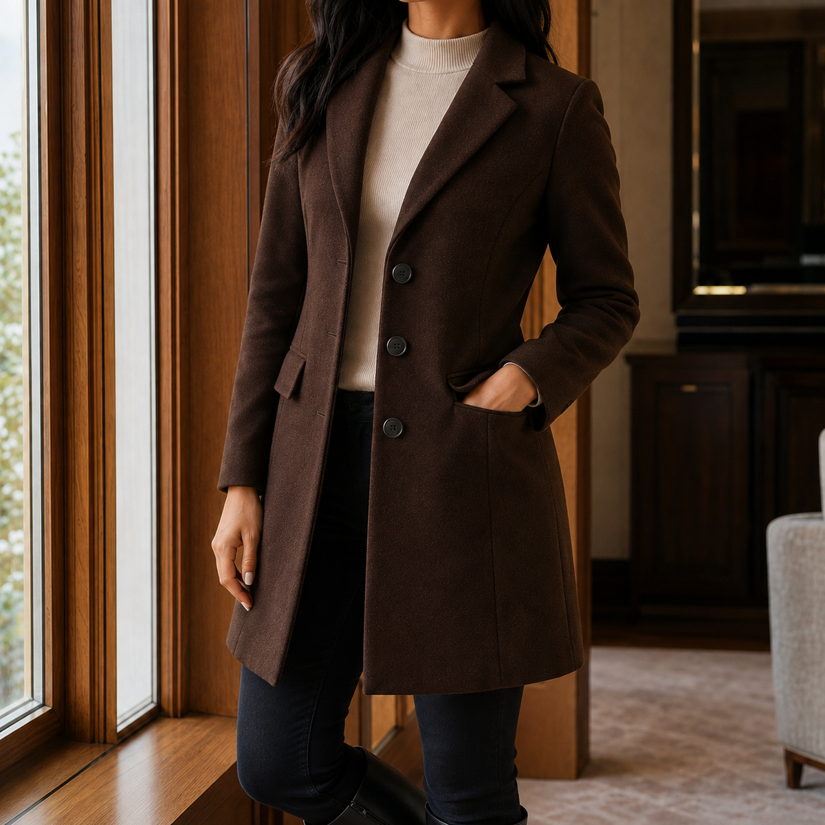 Women's Tailored Wool Blend Coat UK – gently flared fit, view 15