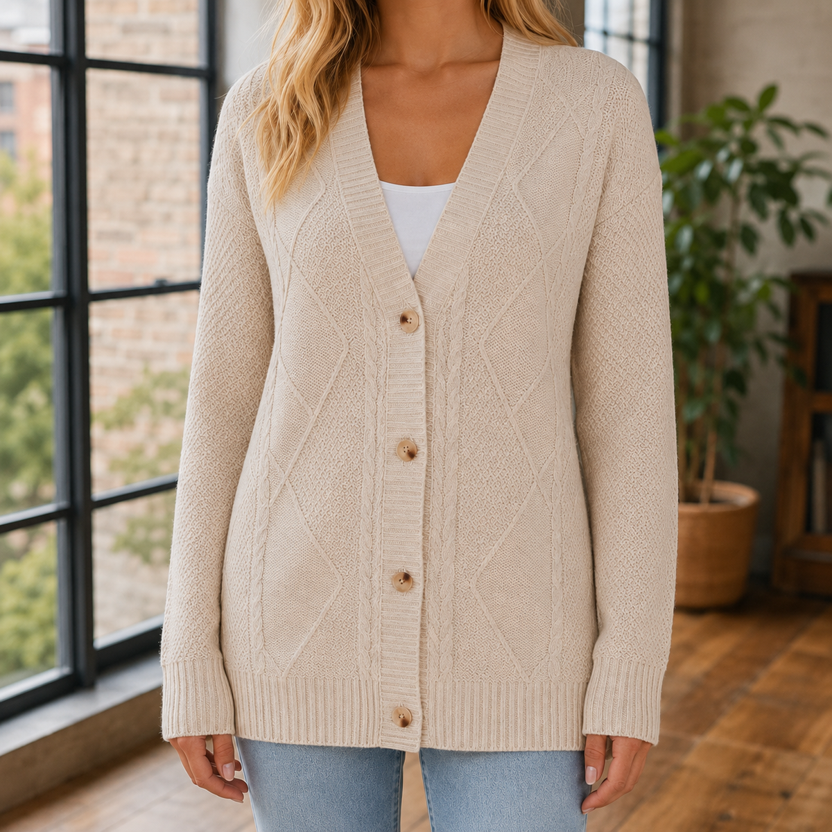 Women's Cable Knit Cardigan UK – longline button front, view 1