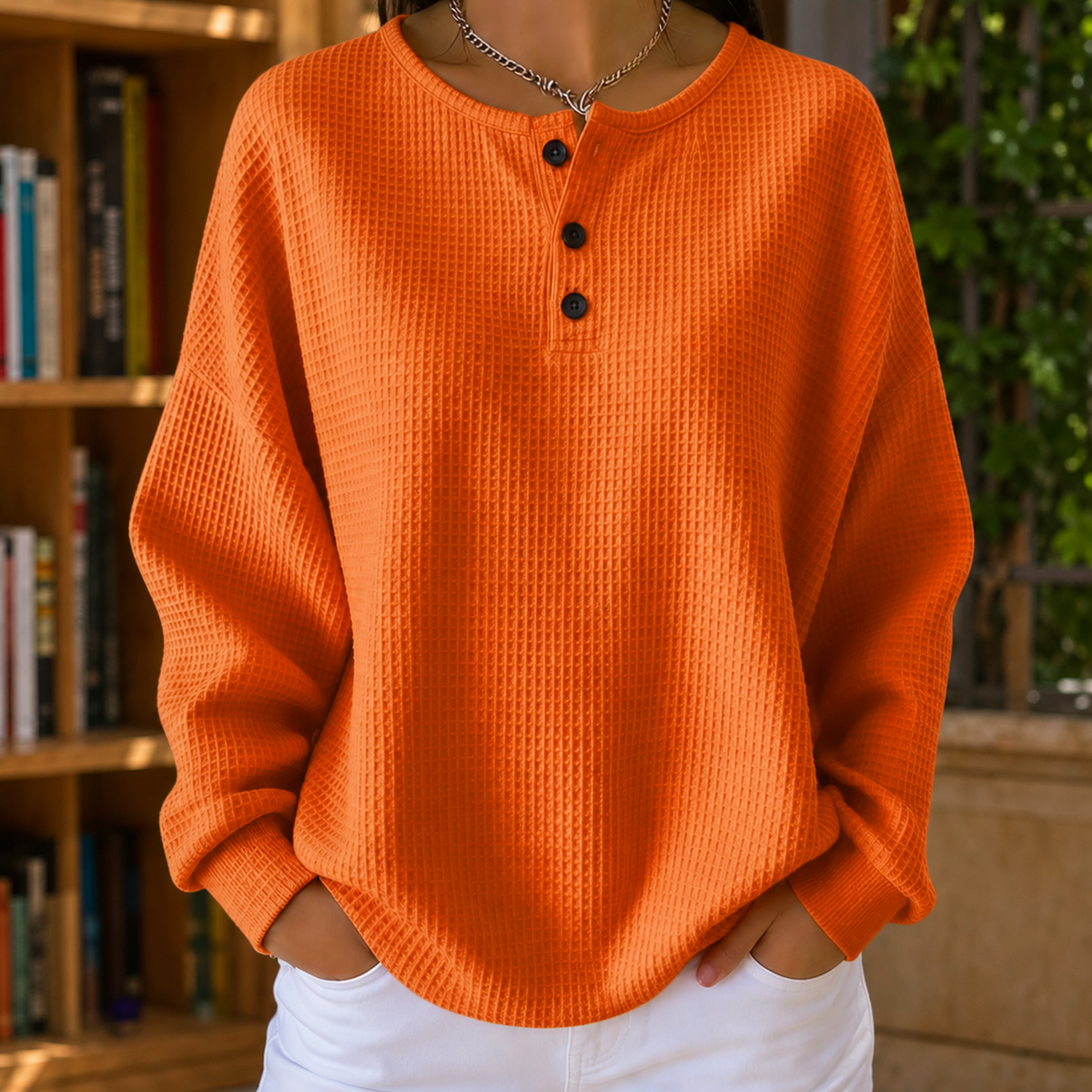 Women's Waffle Knit Jumper UK – relaxed henley, view 1