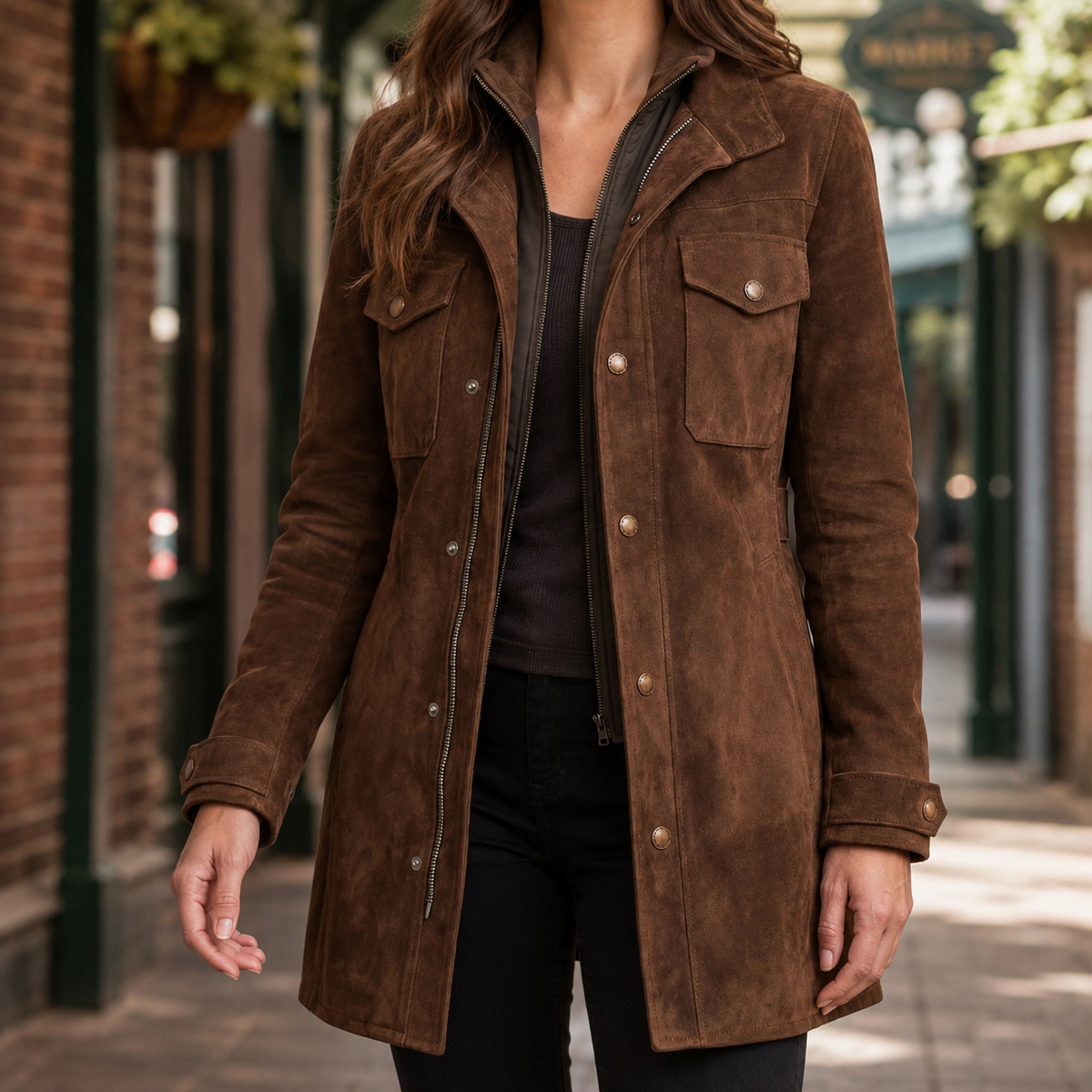 Women's Suede Effect Jacket UK – tailored longline, view 1