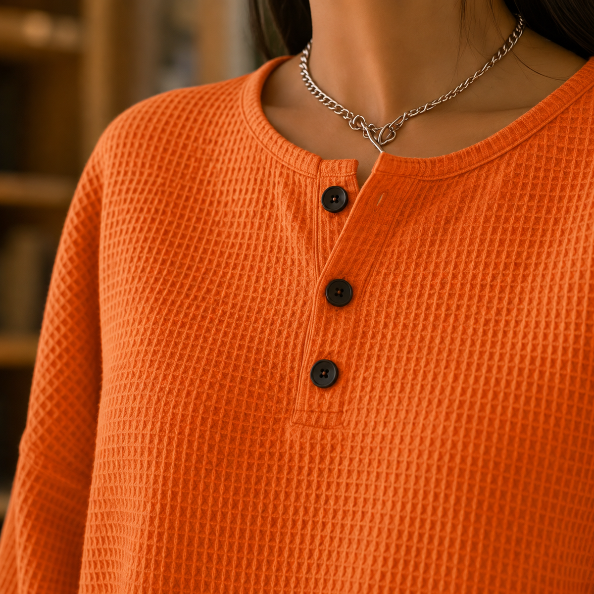 Women's Waffle Knit Jumper UK – relaxed henley, view 2