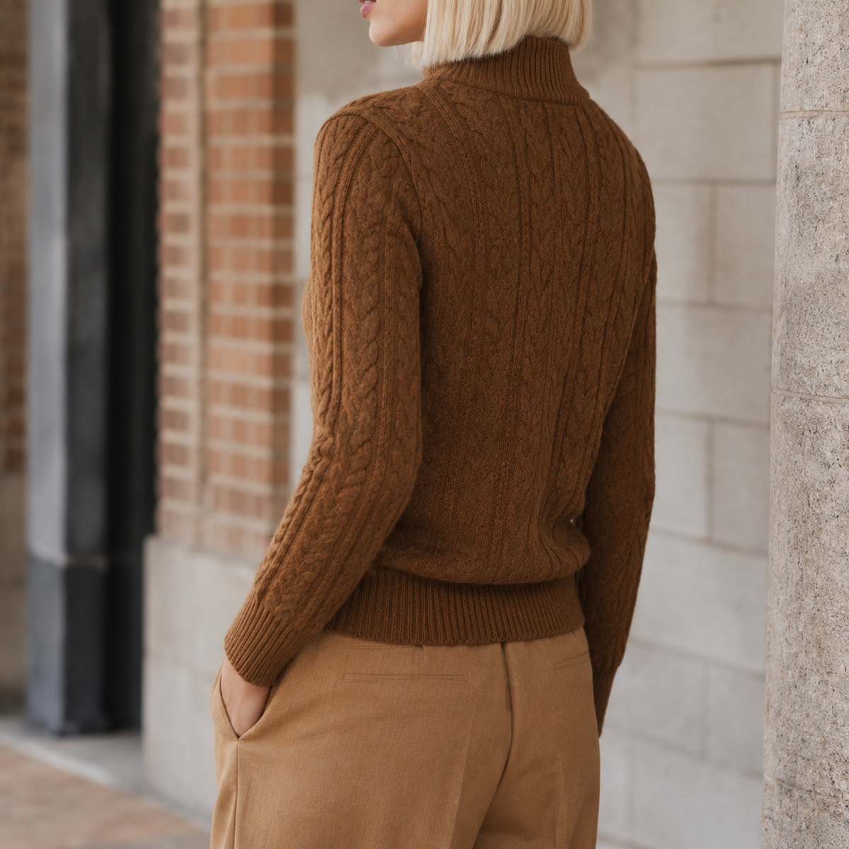 Women's Cable Knit Cashmere Jumper – button neck slim fit – product view 2