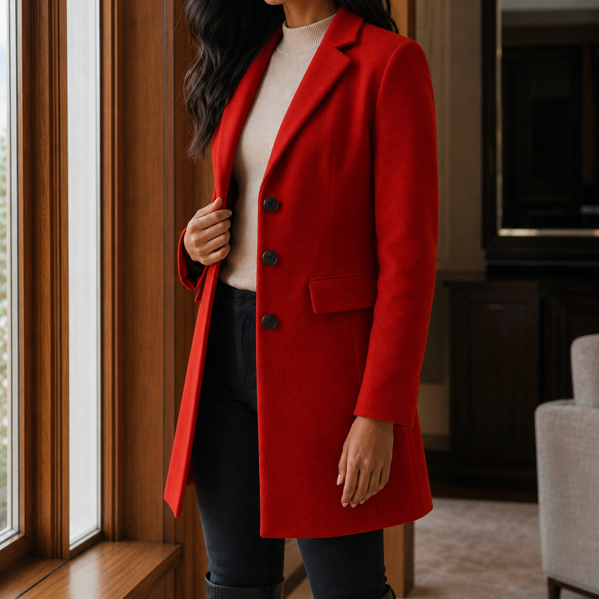 Women's Tailored Wool Blend Coat UK – gently flared fit, view 2