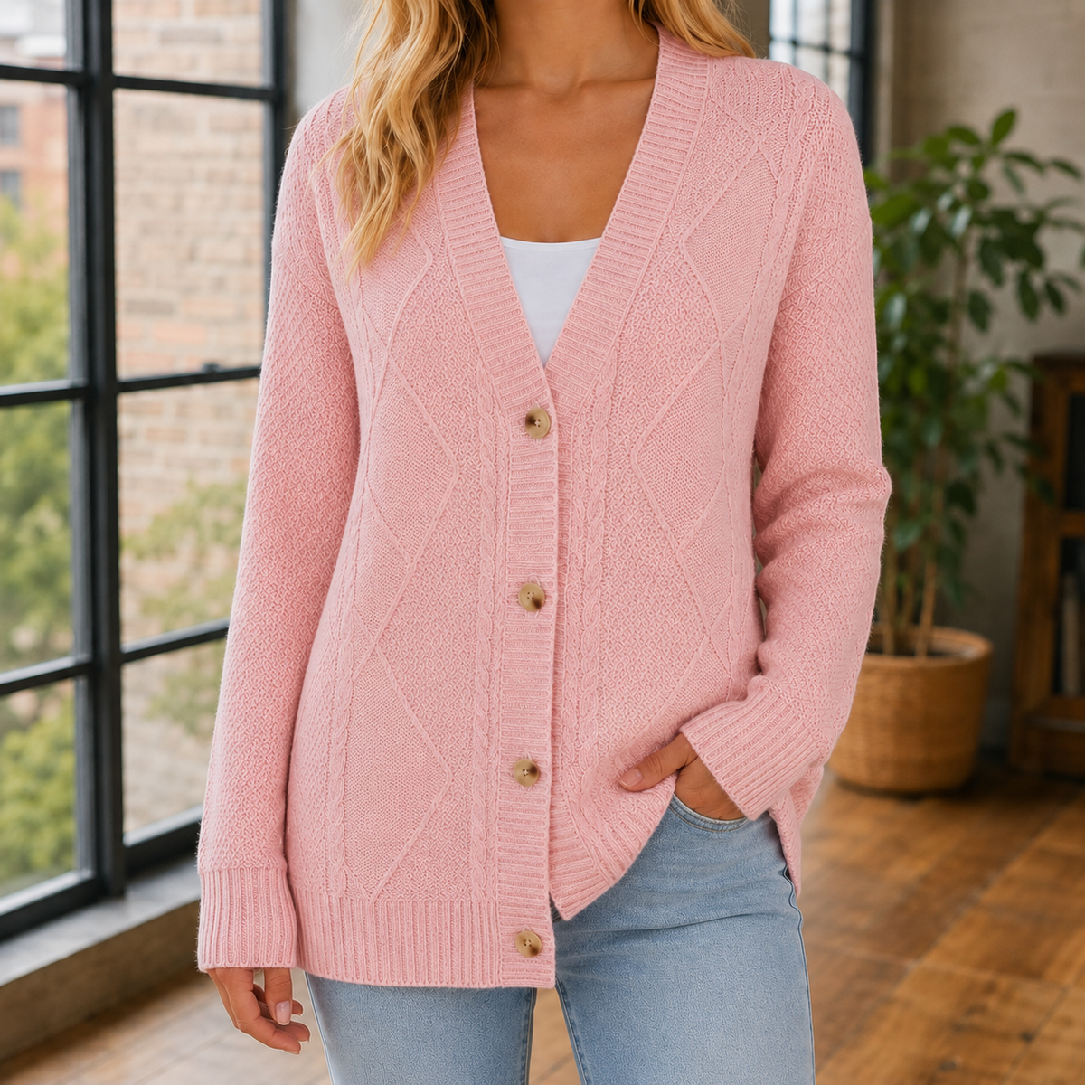 Women's Cable Knit Cardigan UK – longline button front, view 3