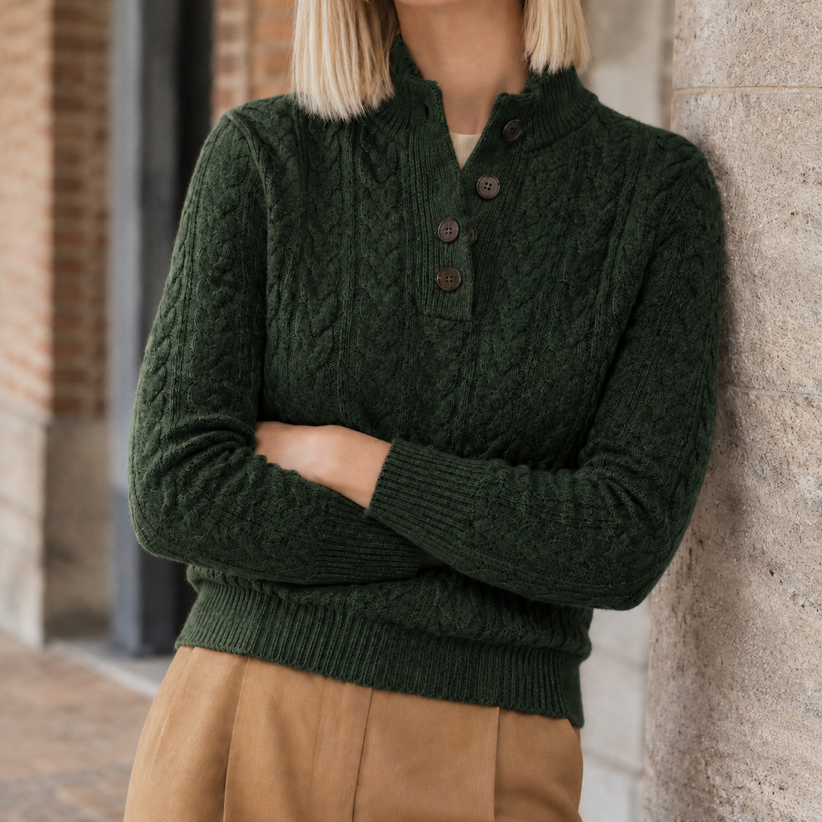Women's Cable Knit Cashmere Jumper – button neck slim fit – product view 4