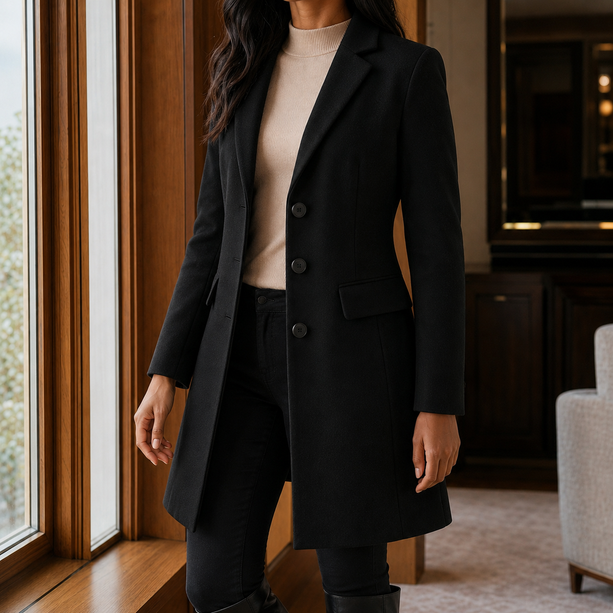 Women's Tailored Wool Blend Coat UK – gently flared fit, view 4