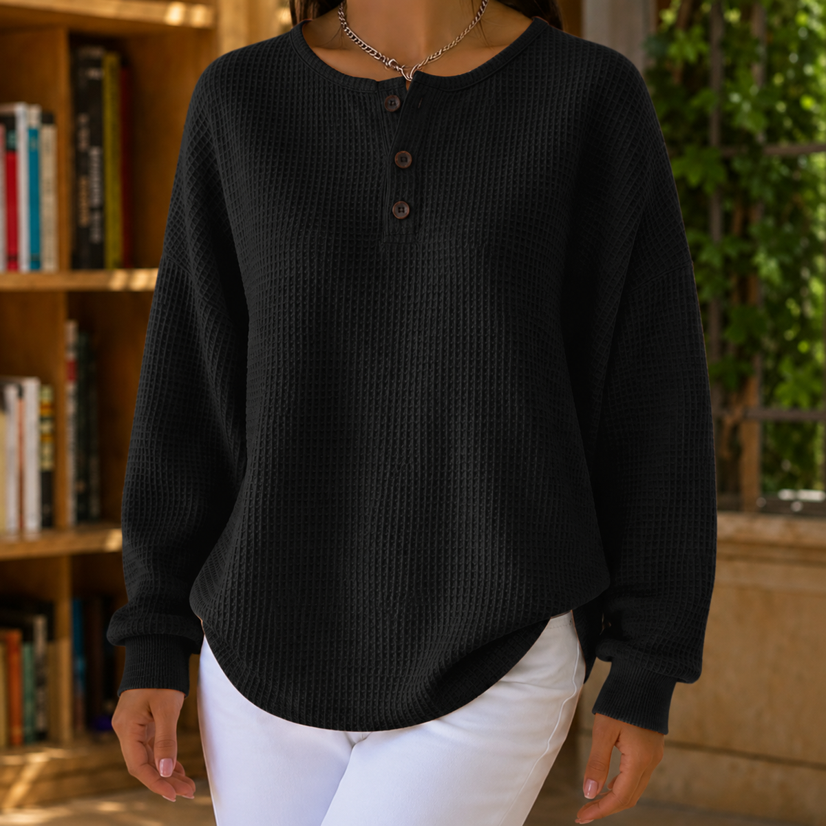 Women's Waffle Knit Jumper UK – relaxed henley, view 5