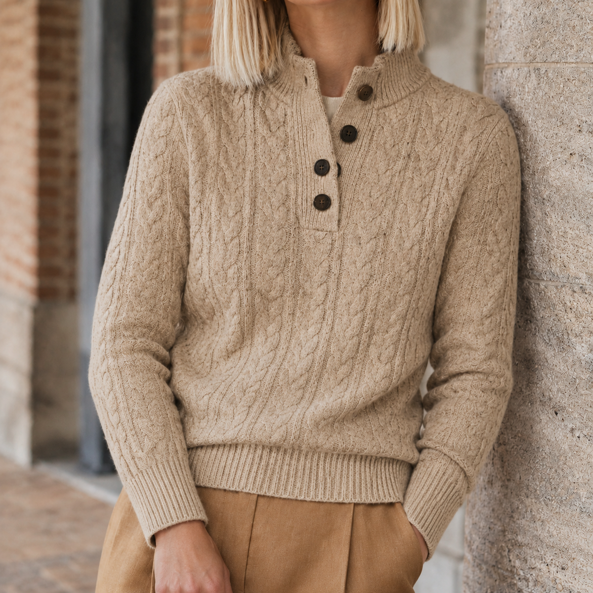 Women's Cable Knit Cashmere Jumper – button neck slim fit – product view 5