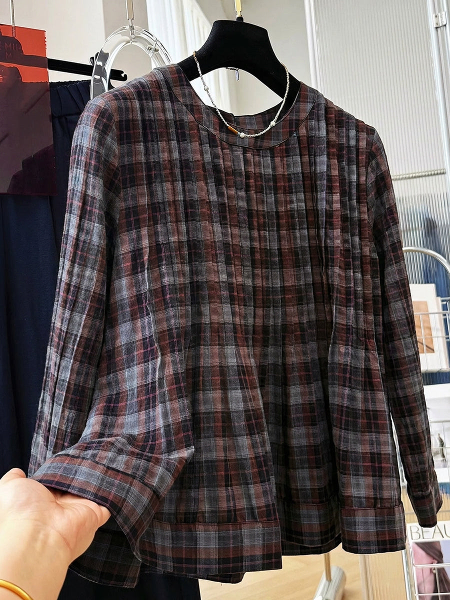 Women's Plus Size Checked Cotton Blouse – vintage long sleeve, view 2 | The Sidonie | Huna