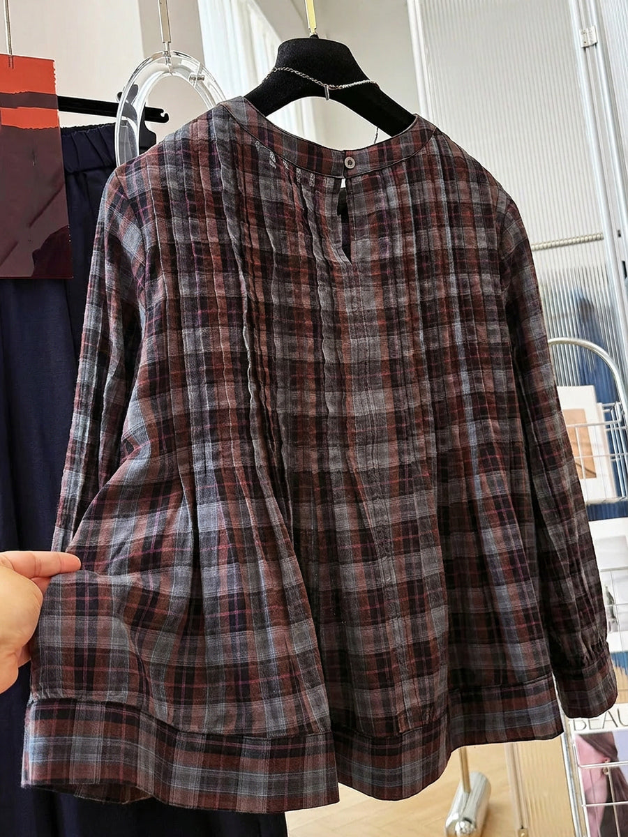 Women's Plus Size Checked Cotton Blouse – vintage long sleeve, view 3 | The Sidonie | Huna
