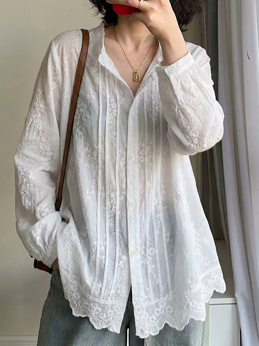 Women's Plus Size Embroidered Cotton Top – stand collar colourblock, view 5 | The Tanith | Huna