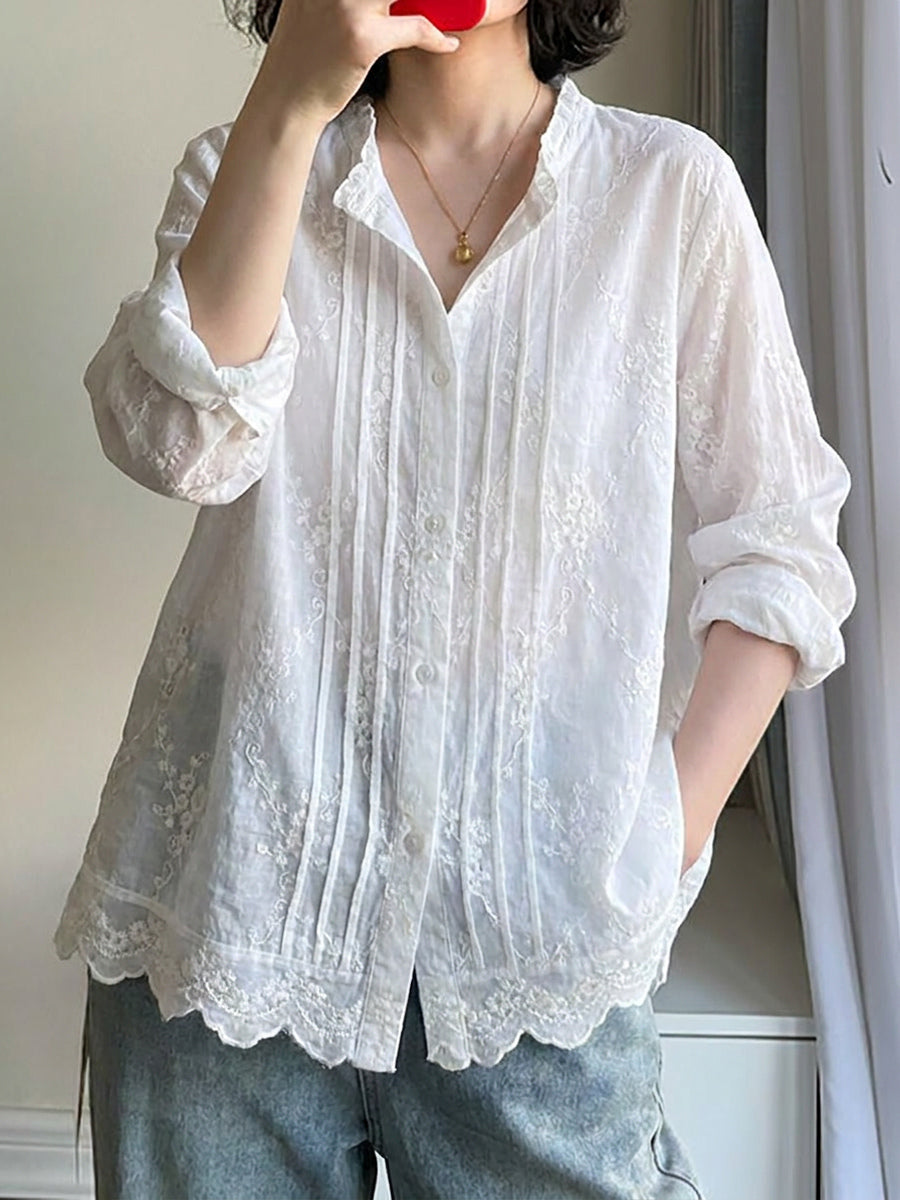 Women's Plus Size Embroidered Cotton Top – stand collar colourblock, view 6 | The Tanith | Huna