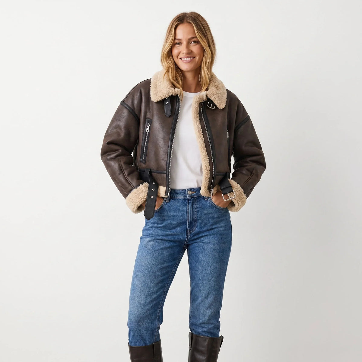 Women's Cropped Shearling Jacket in brown – The Wynelle styled view 1