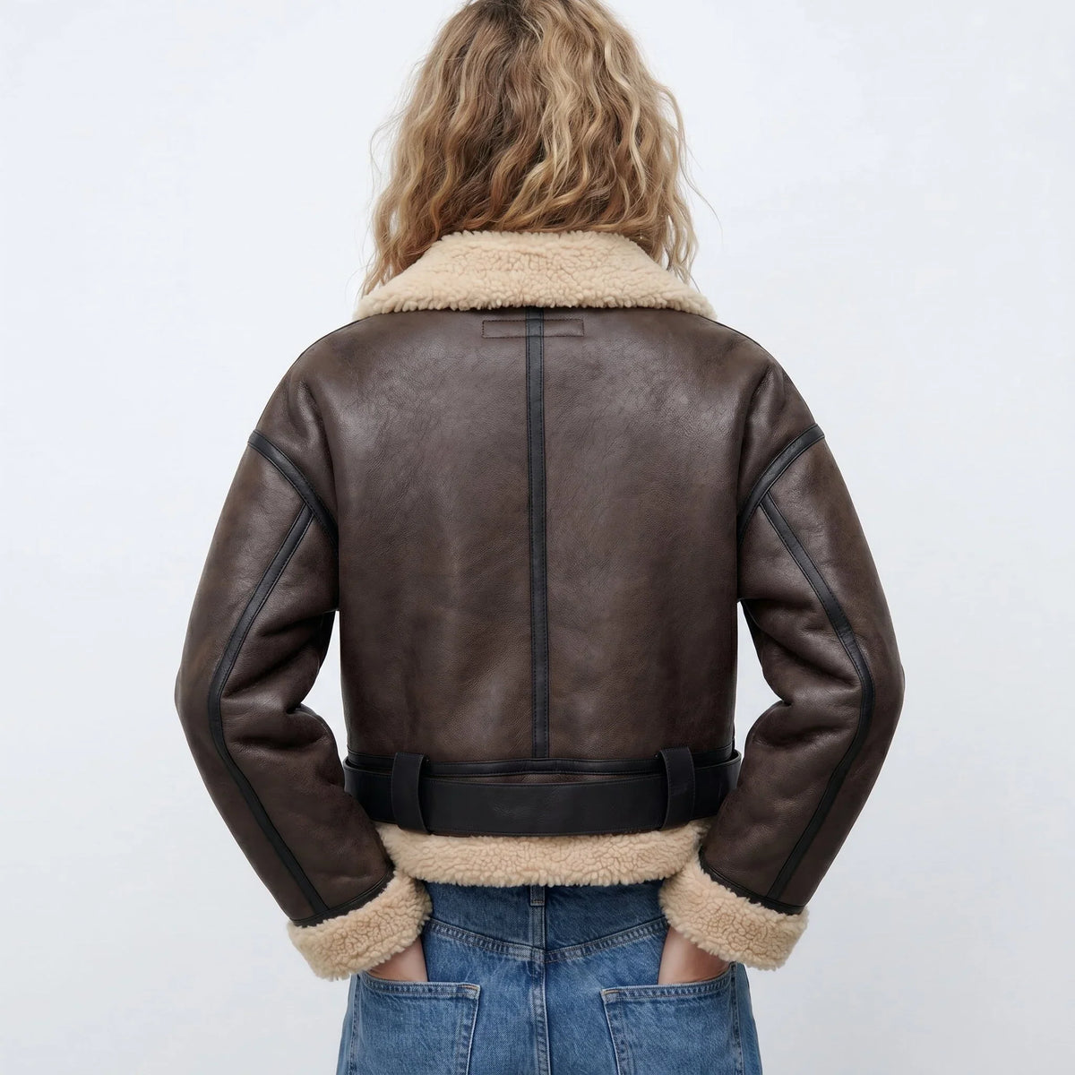 Women's Shearling Bomber Jacket in brown – The Florienne back view 1