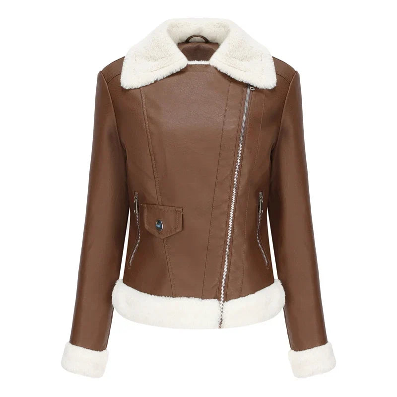 Women's Shearling Leather Bomber in brown – The Thalisse close-up 1