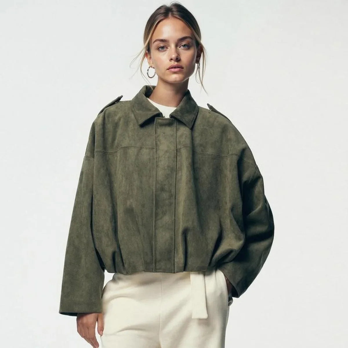 Women's Oversized Suede Bomber in brown – The Zarelle close-up 1