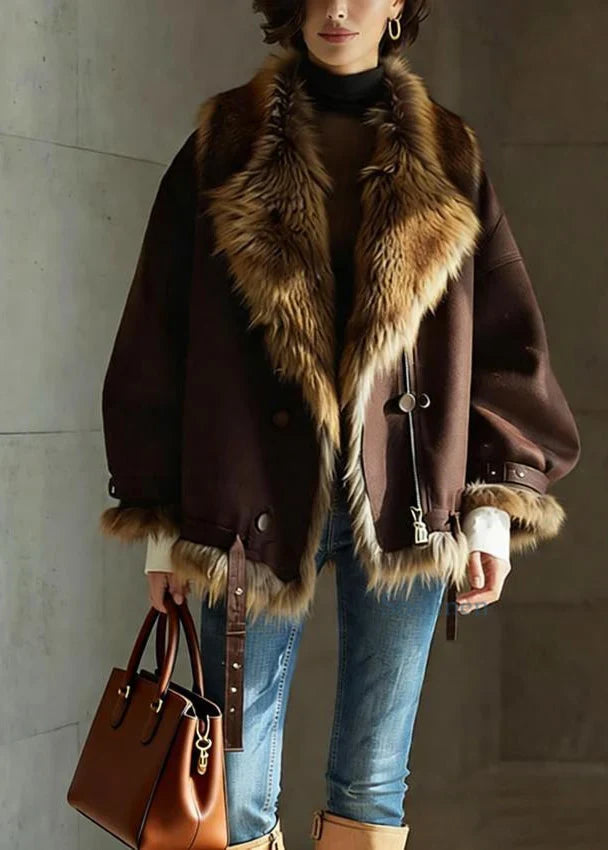 Women's Brown Faux Fur Jacket in brown – The Otteline front view 1