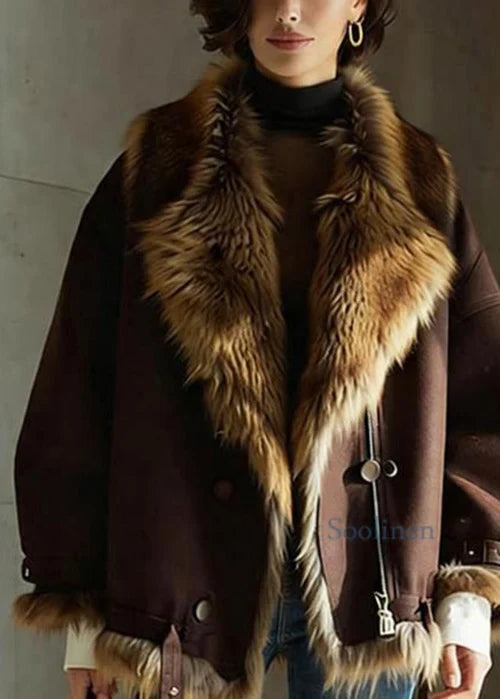 Women's Brown Faux Fur Jacket in brown – The Otteline side view 1