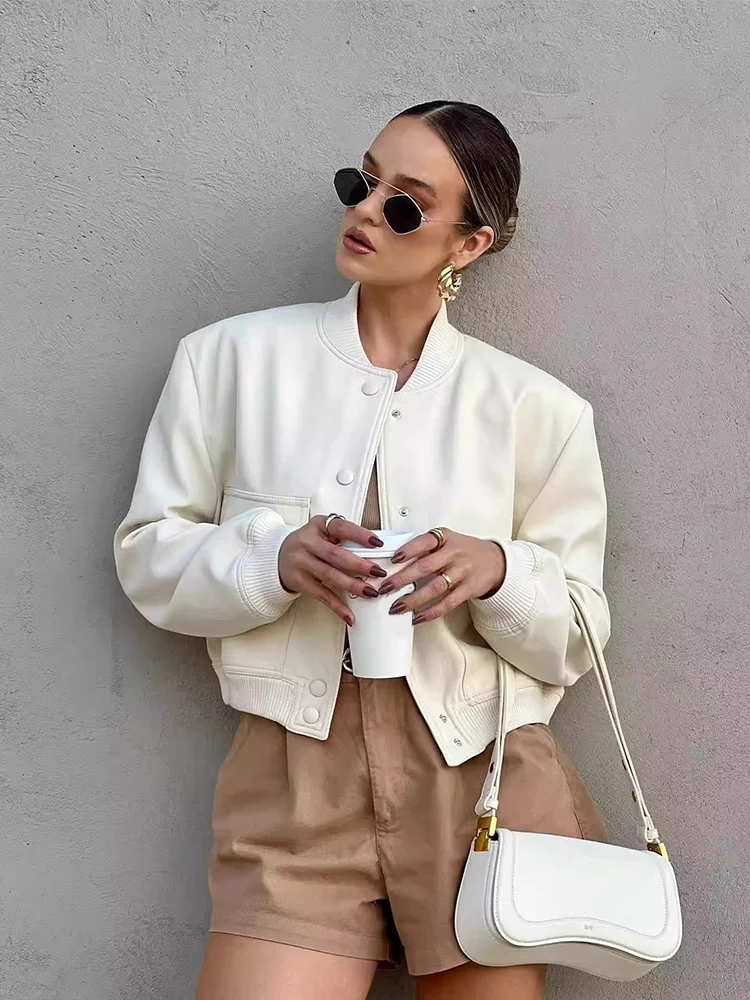 Women's Cropped Leather Bomber in apricot – The Maevora side view 1