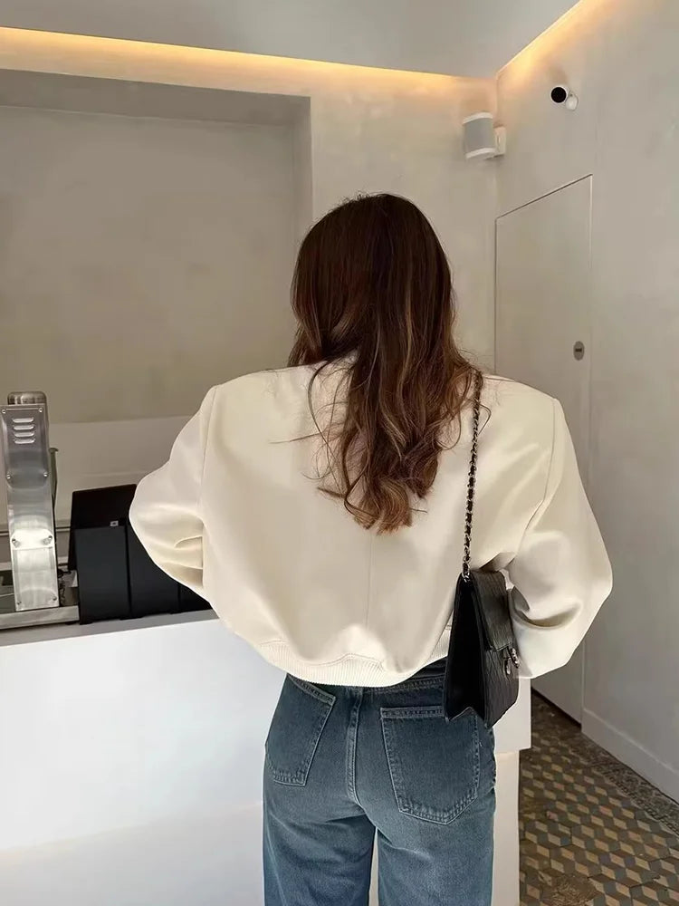 Women's Cropped Leather Bomber in apricot – The Maevora back view 1
